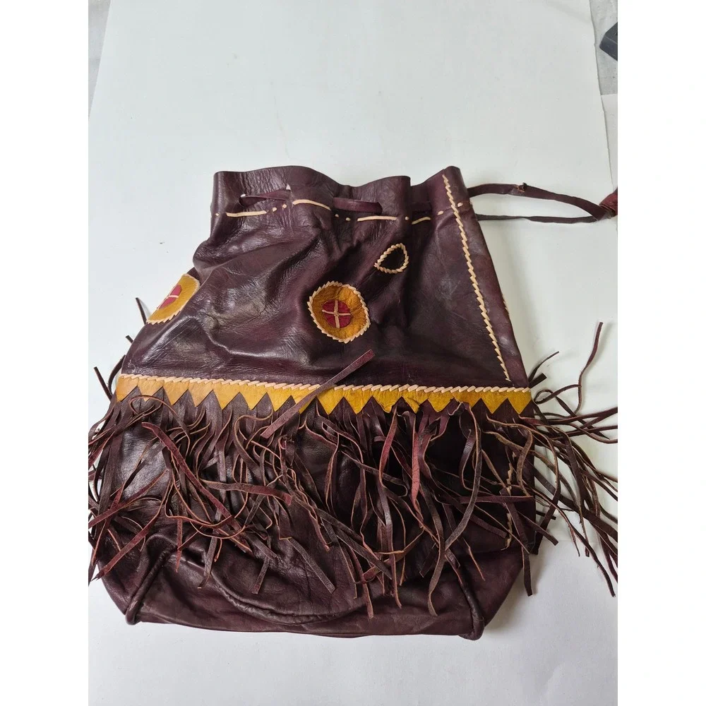 Vintage Handmade Leather Fringe Medicine Bag Drawstring Pouch Burgundy Boho